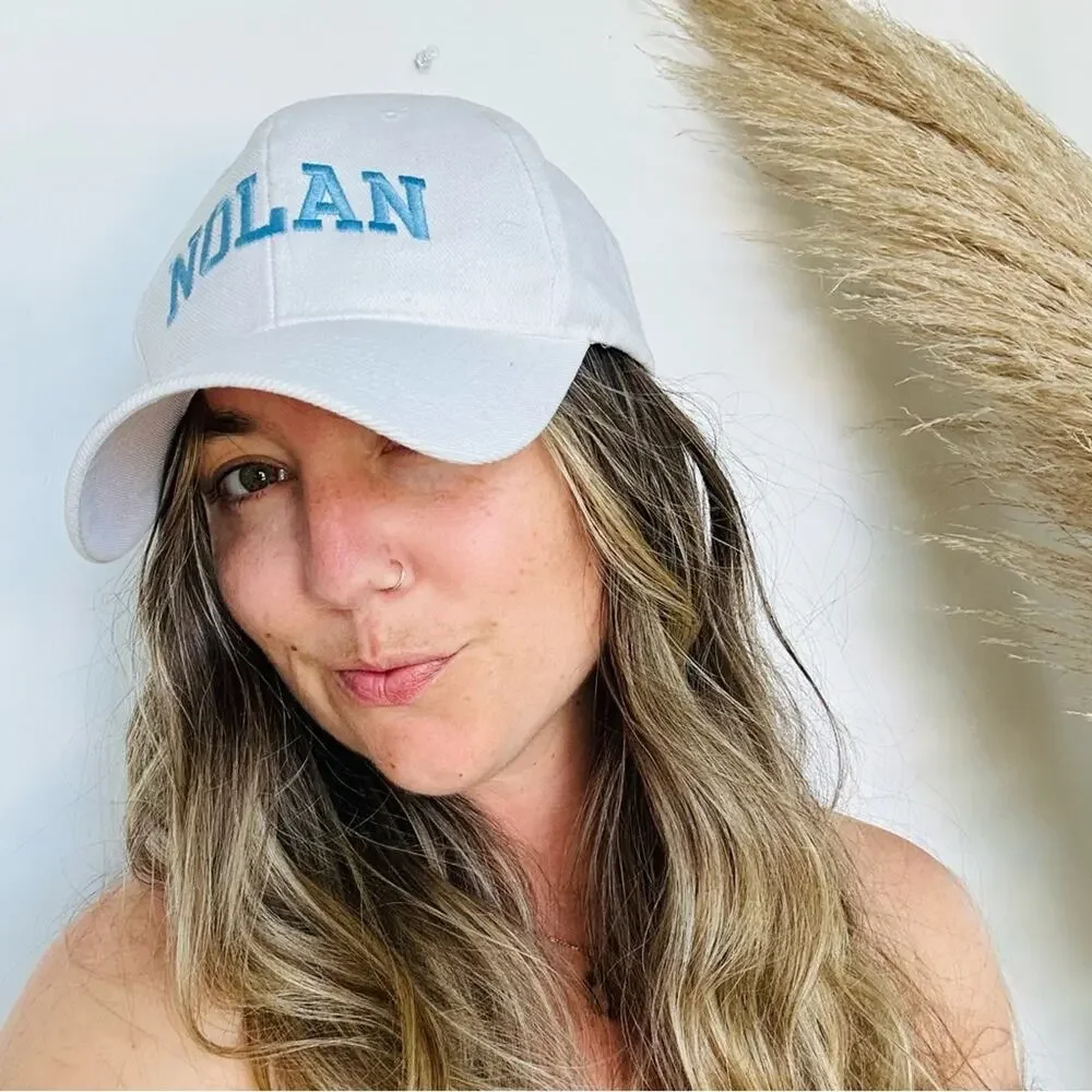 VINTAGE White Blue Nolan Lettered Stitched Hook Loop Adjustable Baseball Hat